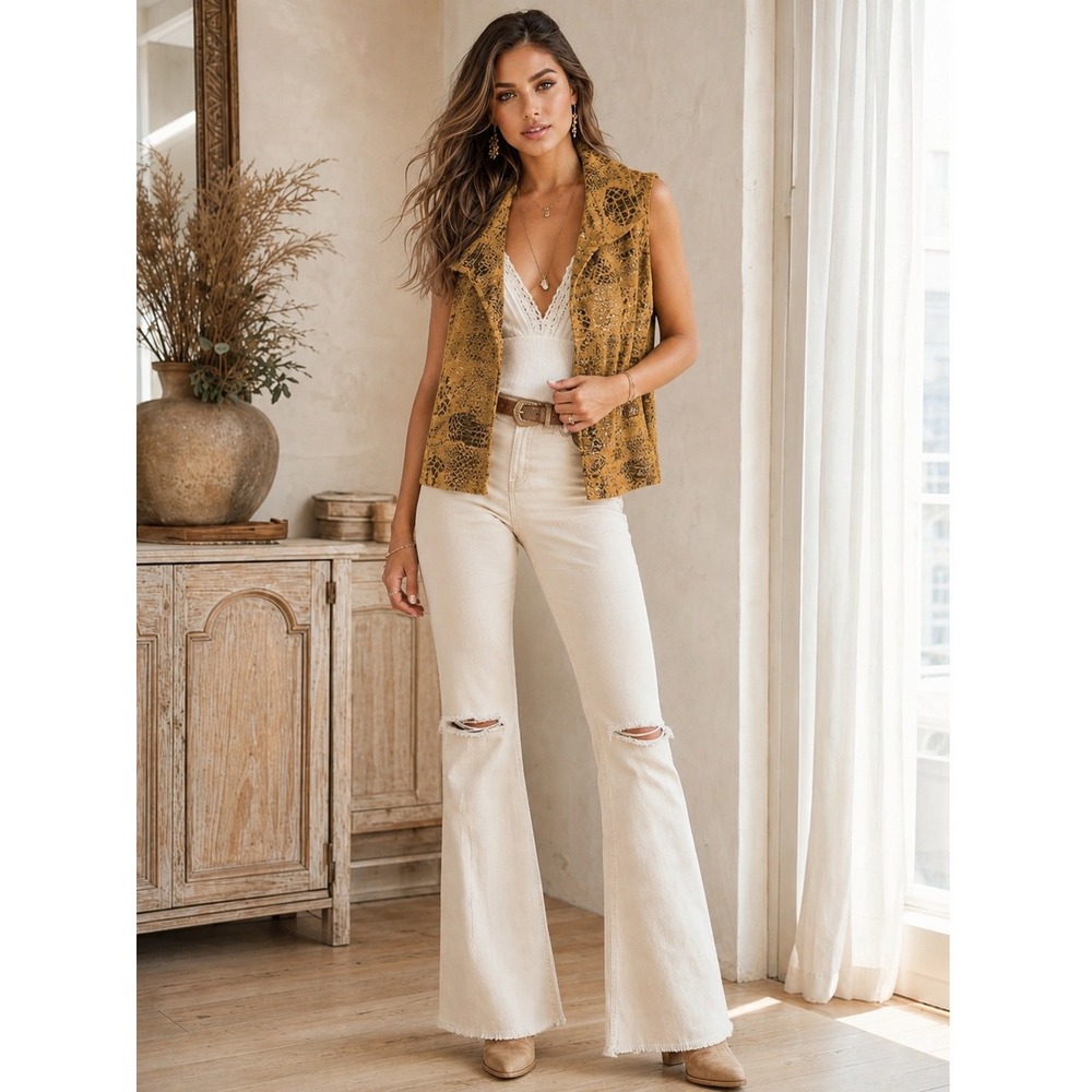 Sweet Sinammon Faux Fur Burnout Vest Women's L Tan Snakeskin Animal Print Duster